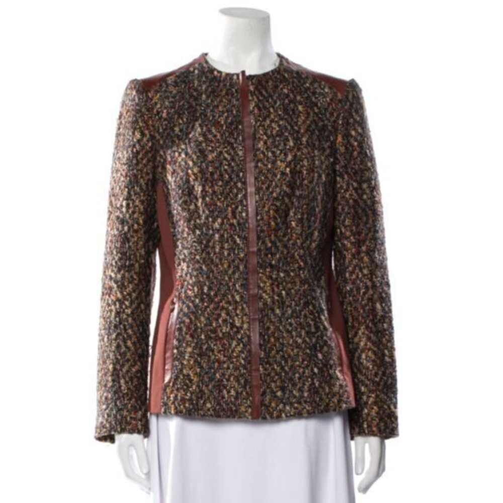 Lafayette 148 NY Petite Boucle/Leather Full Zip Jacket in Brown Multi Size 4